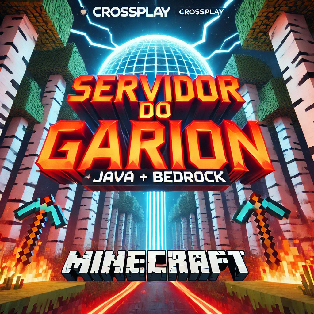DALL·E 2025 03 08 01.52.56 A promotional banner for a Minecraft server named Servidor do Garion. The background features a vibrant birch forest from Minecraft with glowing red