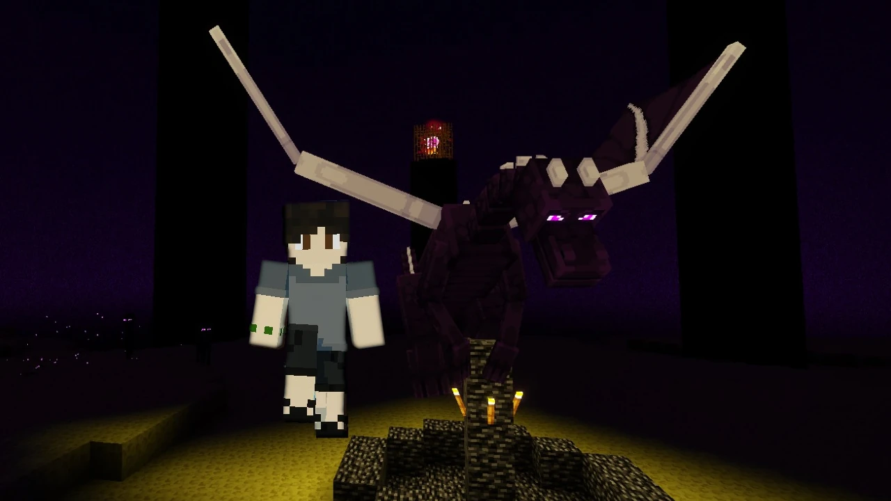 Garion se prepara para a Cidade do Fim na frente do Ender Dragon no Minecraft