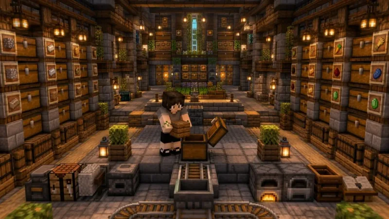 Personagem organiza baús e barris em um armazém voxel amplo, iluminado e dividido em módulos.