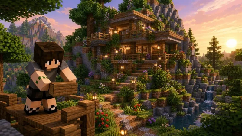 Personagem constrói uma casa voxel em níveis, integrada à encosta com árvores, caminho curvo e rio preservados.