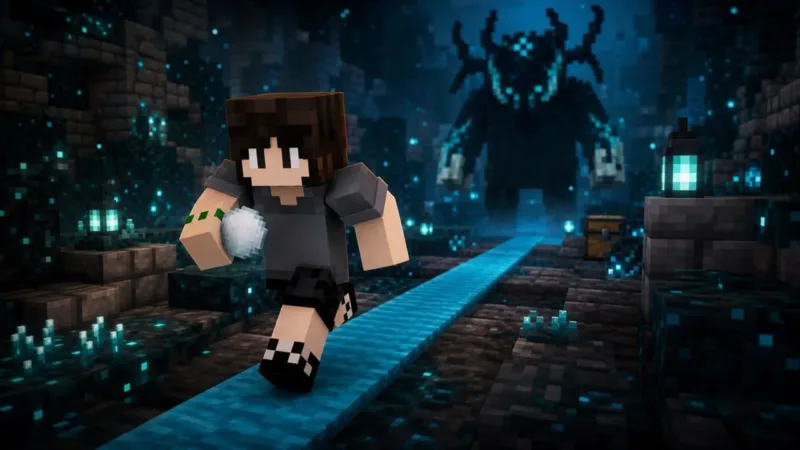 Personagem de cabelo castanho foge em silêncio por uma cidade voxel subterrânea diante de uma criatura gigantesca.