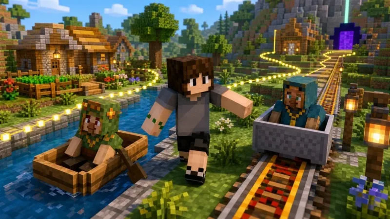 Personagem guia aldeões voxel originais por barco e trilhos em uma rota protegida.
