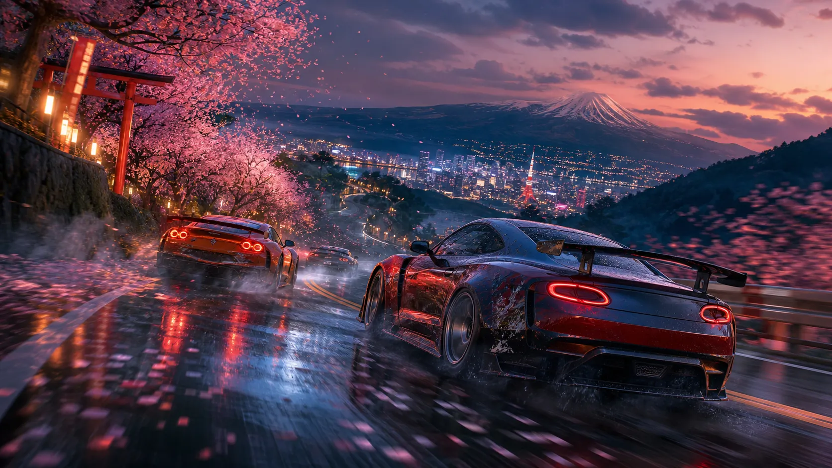 Corrida cinematografica em estrada japonesa para post sobre Forza Horizon 6