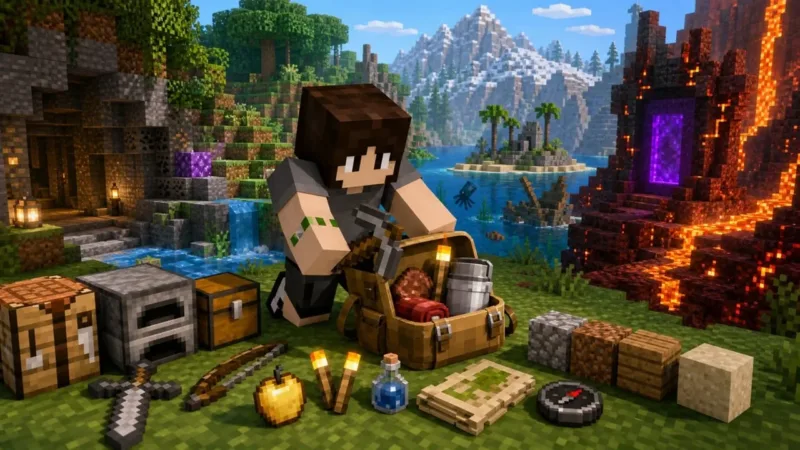 Personagem organiza ferramentas, comida, tochas, mapa e itens de emergência antes de explorar.