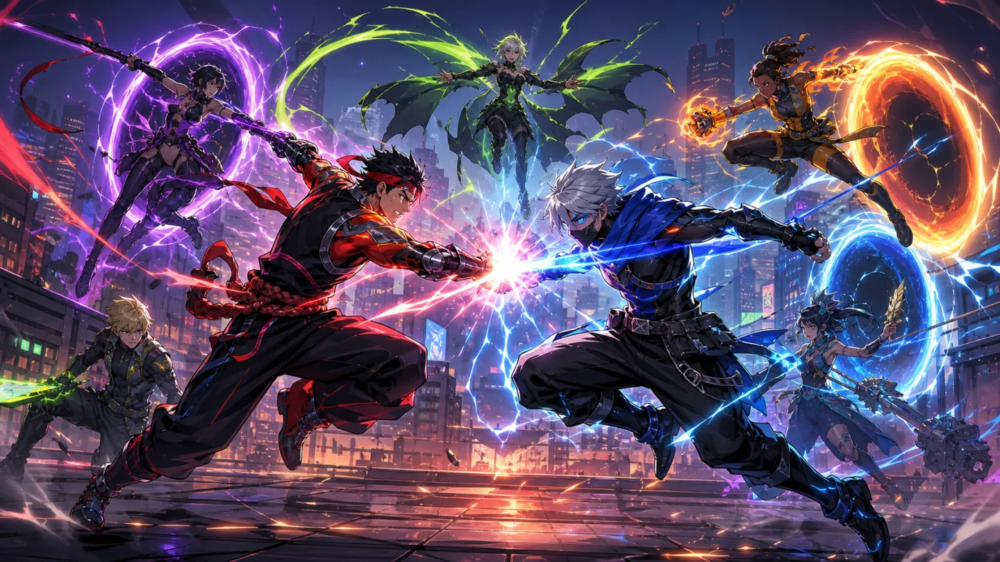 Lutadores originais em arena de energia para post sobre Marvel Tokon