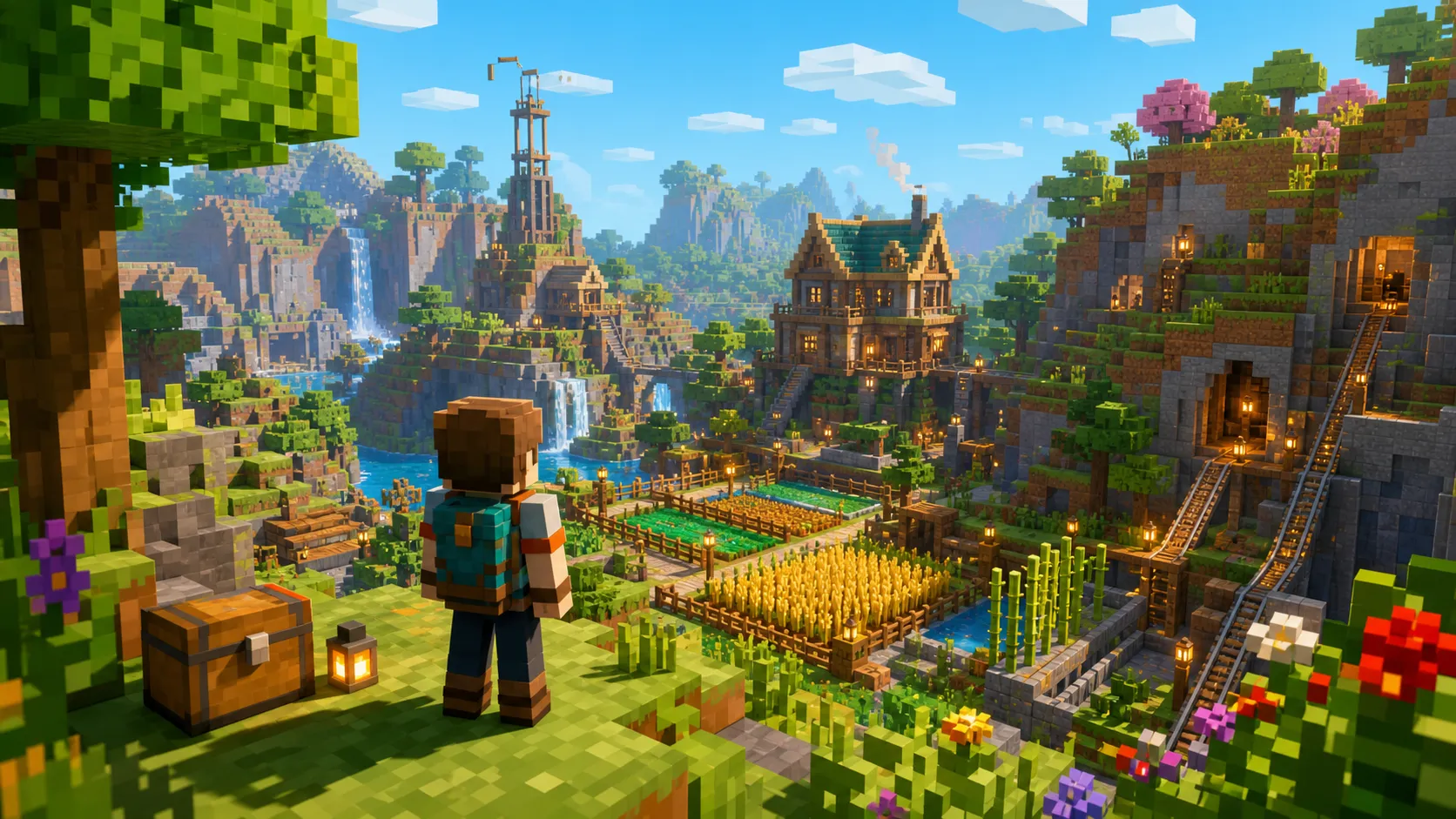 Mundo criativo em blocos para post sobre Minecraft em 2026