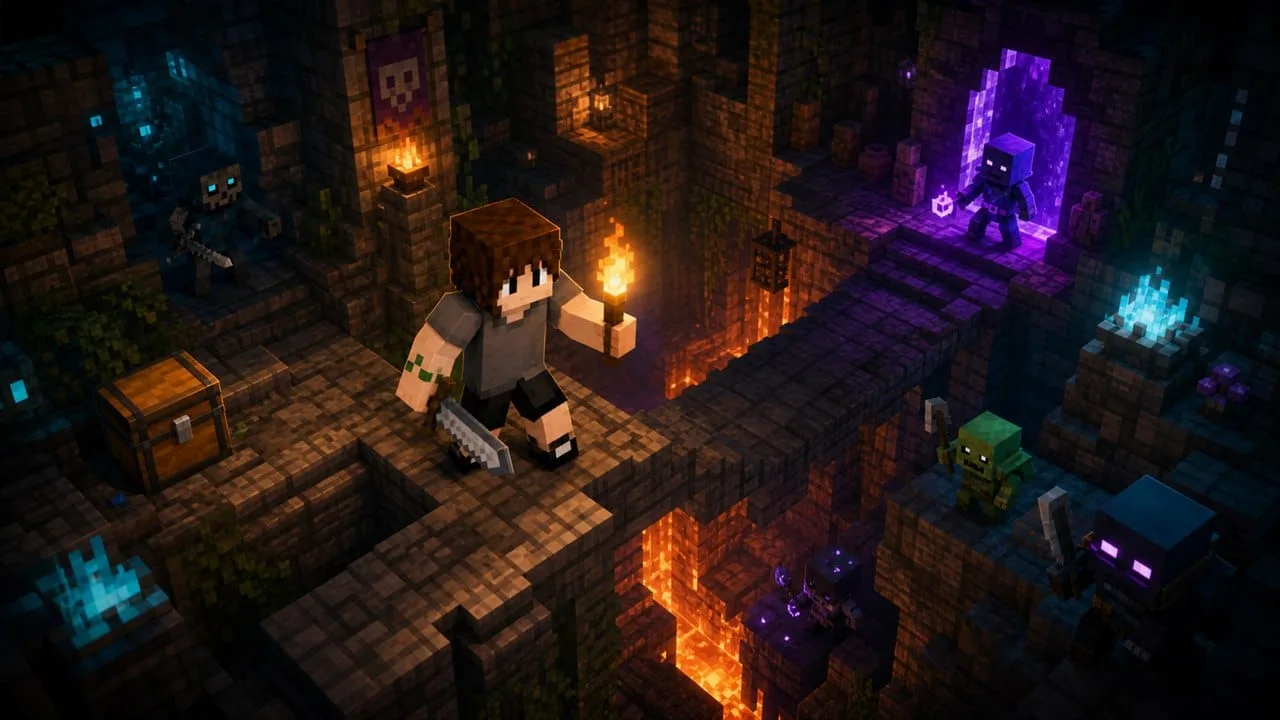 Personagem de cabelo castanho explora uma masmorra voxel com tocha, ponte de lava e criaturas nas sombras.