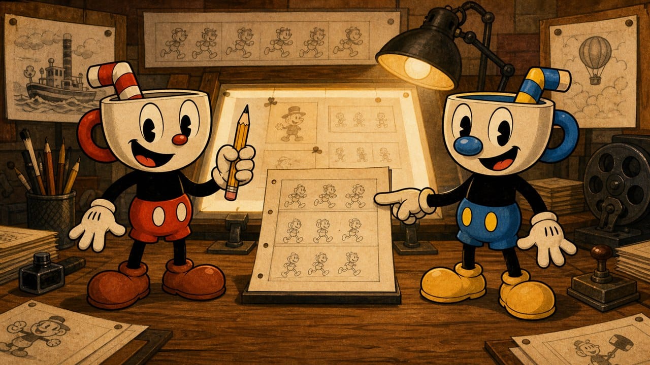 Dois personagens originais em estilo cartoon clássico trabalhando em uma animação desenhada à mão