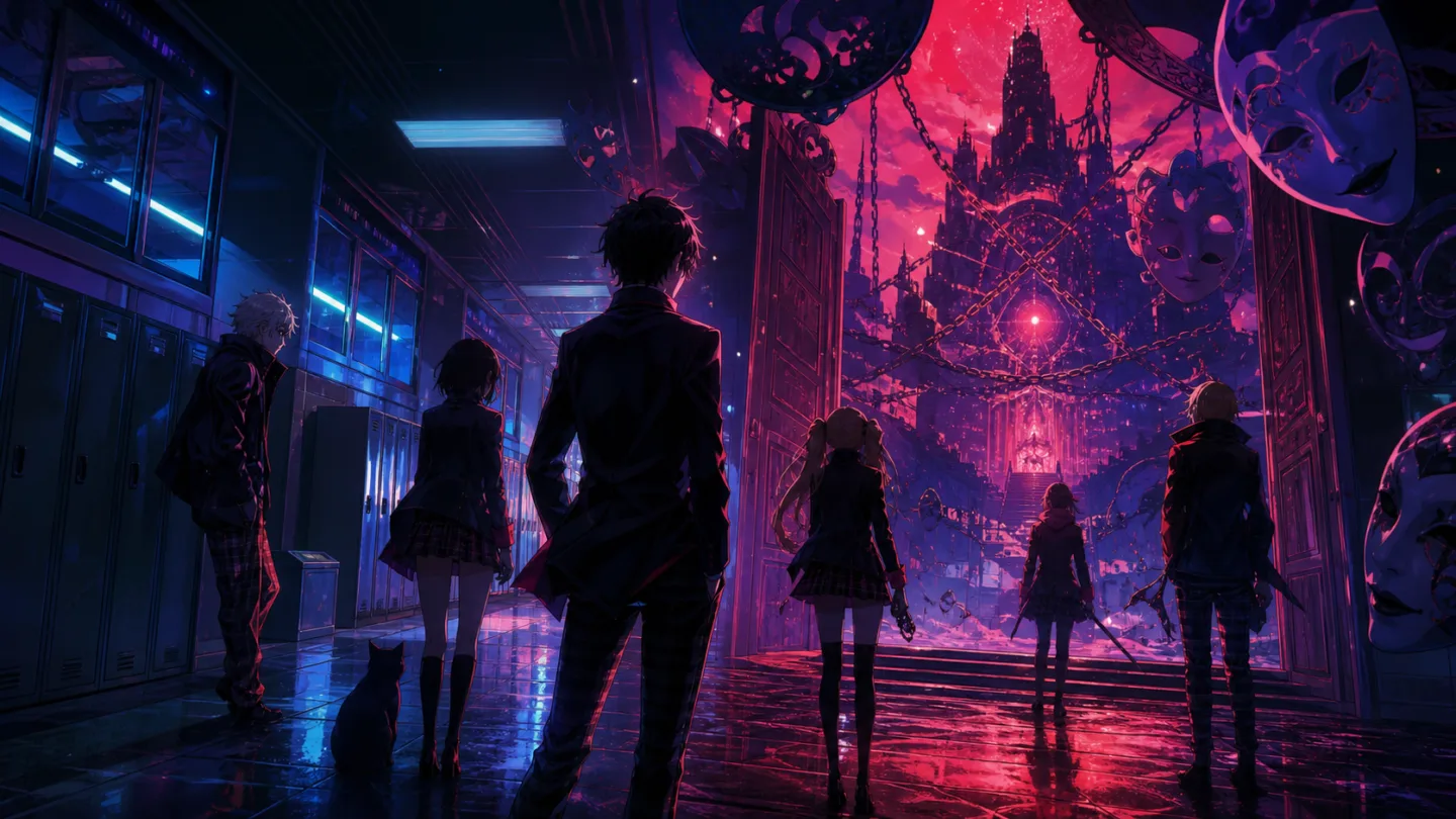 Grupo de estudantes diante de portal surreal para post sobre Persona 6