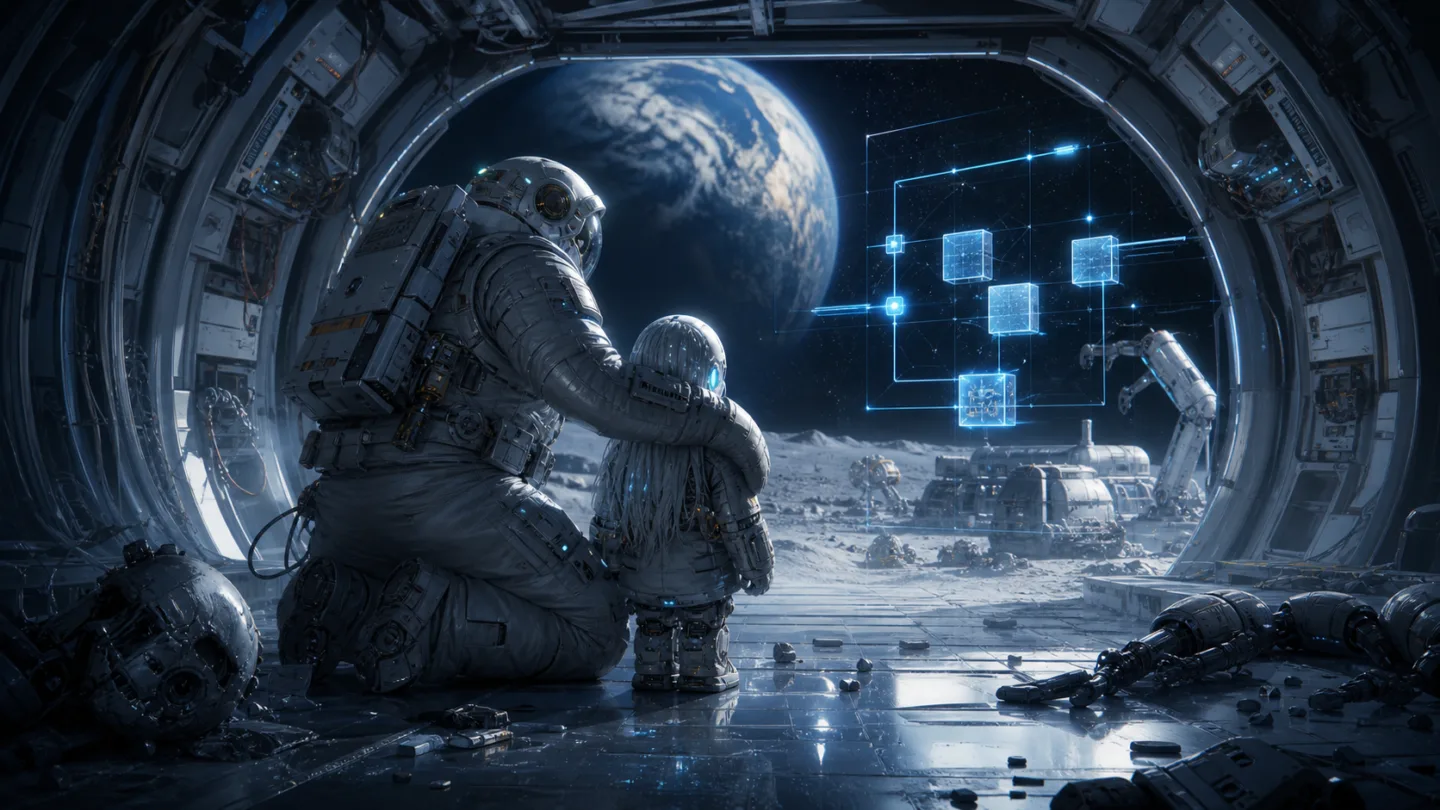 Astronauta e androide em base lunar para post sobre Pragmata
